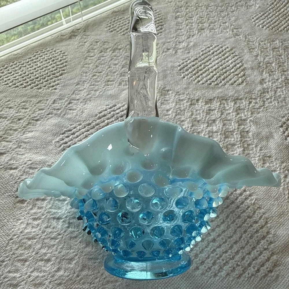 Fenton Blue Opalescent Hobnail‎ Small Basket Ruffled Glass with Handle Vintage